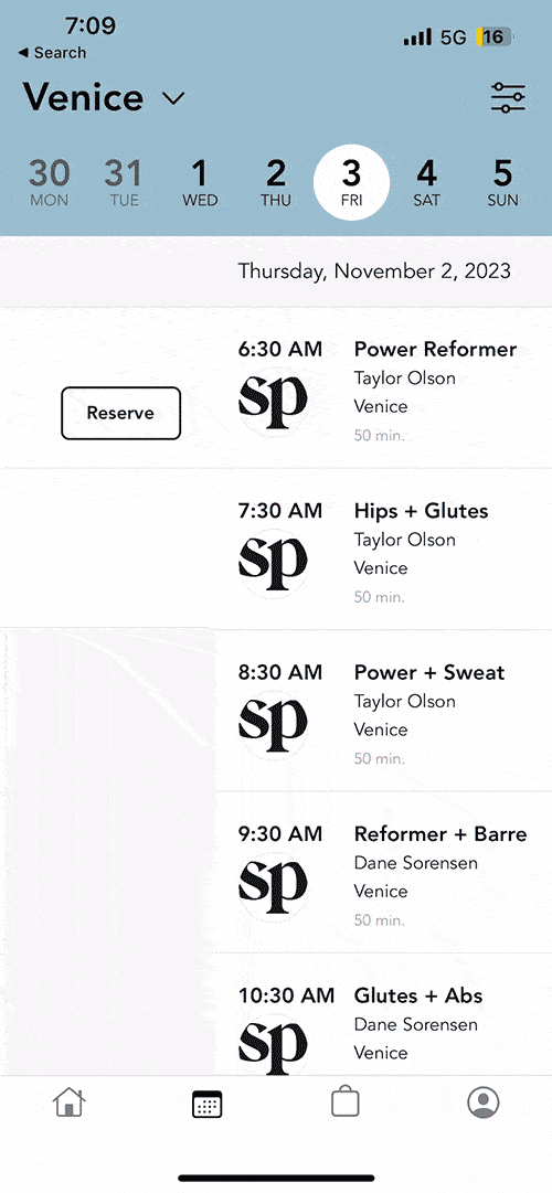 GIF of booking a class through the Speir Pilates App